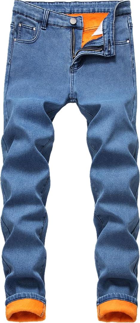 FREDD MARSHALL Men's Fleece Lined Skinny Winter Slim Fit Thicken Warm Stretch Jeans (Blue)