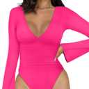 REORIA Women's V Neck Bell Long Sleeve Bodysuits Comfy Double Lined Trendy Body Suits S