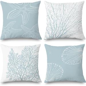Coastal Beach Pillow Covers 22x22 Set of 5 - Beachy Room Decor Aesthetic, Coastal Beach House Decor, Starfish Seashell Coral Decorative Throw Pillow Covers (Double-Sided) (Starfish-baby Blue)
