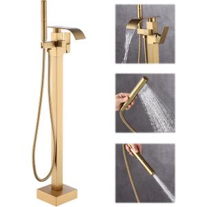 Waterfall Freestanding Bathtub Faucet, Floor Mount Bathroom Tub Filler Shower Faucets with Handheld Sprayer, Brushed Gold