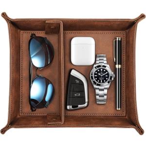 SITHON Valet Tray Desktop Storage Organizer, Removable 2 Compartments Catchall Tray Bedside Vanity Nightstand Caddy Holder Desk Storage Plate, Valentine's Day Gift, Brown