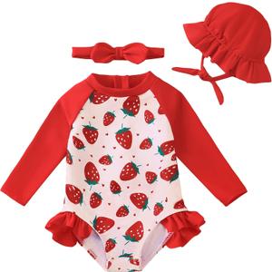 Renotemy Baby Girls Swimsuit Summer Infant Girl Bathing Suit Zipper Long Sleeve One-Piece Rash Guard Swimwear with Hat 3M-3Y