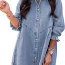 Sidefeel Womens Smocked 3 4 Sleeve Button Down Denim Jeans Dresses, Large 