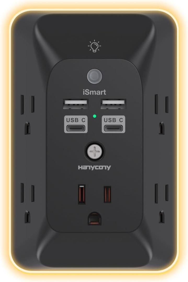Black Multi Plug Outlet, HANYCONY Outlet Extender with 4 USB Ports (2 USB C) and Night Light, 1050J Surge Protector, Wall Mount, Outlet Splitter for Bathroom Kicthen Camper Dorm Room Essentials