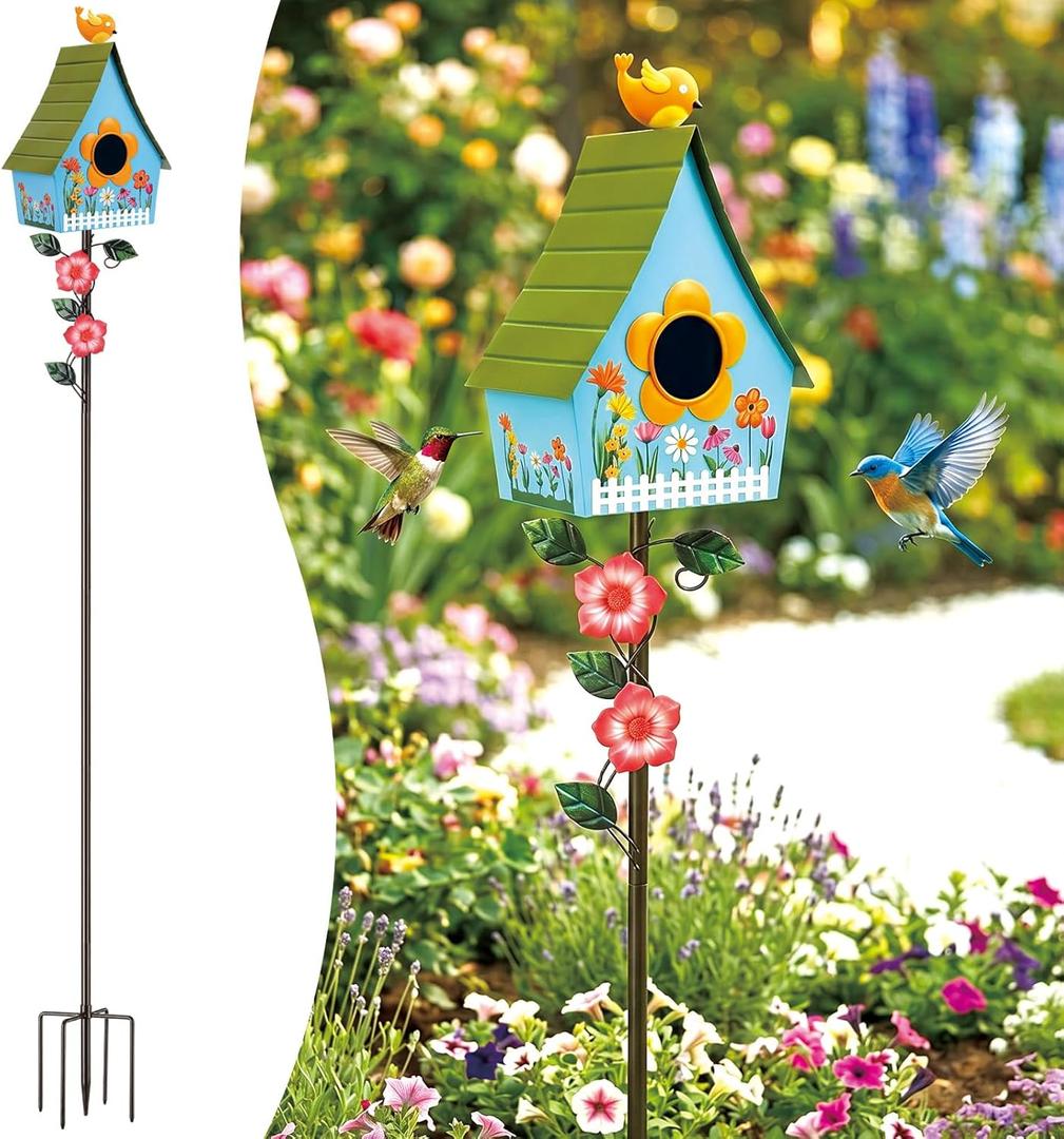 Frienda 57 Inch Bird Houses for Outside with Pole, Durable Metal Wild Bird Feeder with Stand, Decorative Flower Blue Birdhouse Stake Easy to Install for Attracting Birds Garden Patio Decor