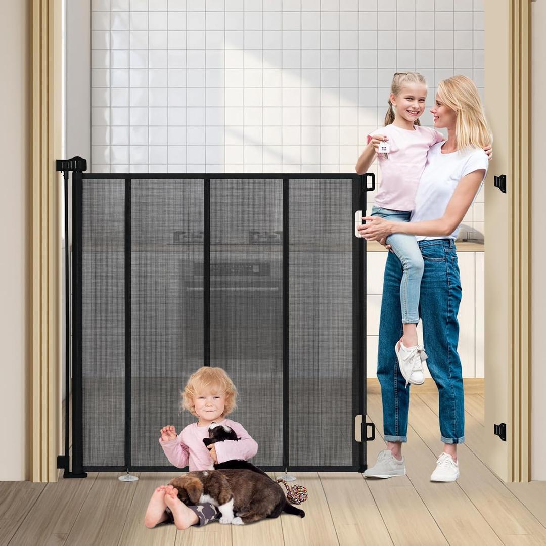47" Extra Tall Retractable Baby Gates, Extends to 59" Wide, ExtraTall Retractable Safety Gate with Reinforced Strips, Retractable Tall Dog Gates for Doorways Mesh Baby Pet Gates Indoor, Black
