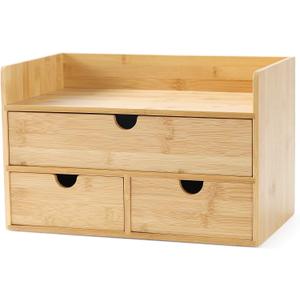Wisuce Bamboo Desk Organizer, Mini Desktop Drawer Tabletop Storage Organization Box for Office Home Toiletries Supplies Vanity, No Assembly Required (3 Drawer with Shelf)