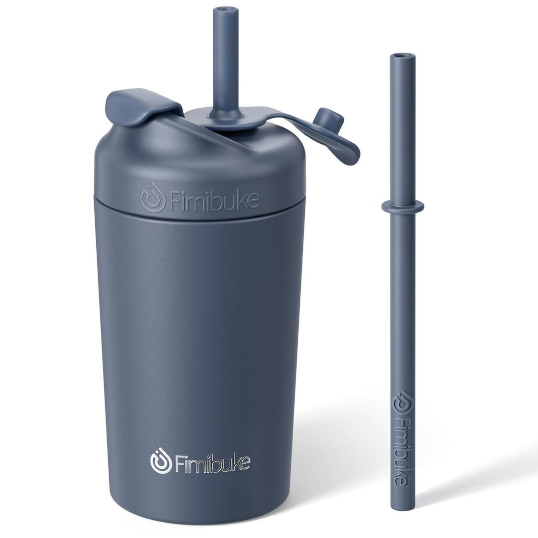 Fimibuke Kids & Toddler Cups, 10 OZ Spill Proof Straw Cups for Toddlers, Leak-Proof Kids Insulated Tumblers with Screw-On Lid & Silicone Straws with Stopper, Stainless Steel Sippy Cup for Girls Boys (Slate)