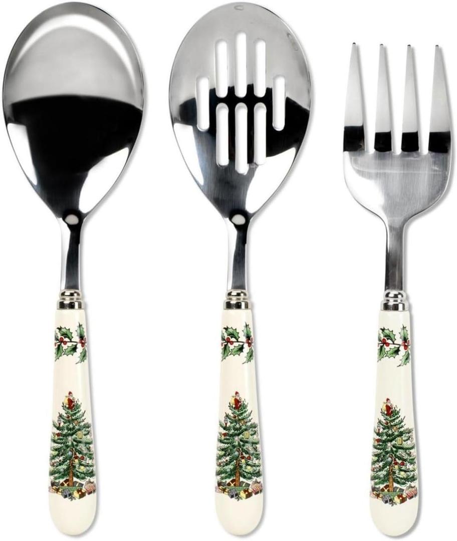 Spode Christmas Tree 3-Piece Stainless Steel Cutlery Set - Porcelain Handle Flatware with Meat Fork, Serving Spoon, & Slotted Spoon - Holiday Silverware for Christmas Dinners & Seasonal Gatherings