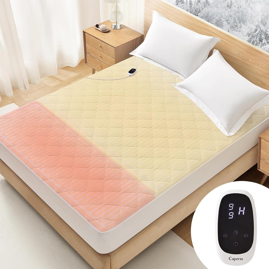 Caperia Heated Mattress Pad Quilted Multizone Electric Mattress pad Individual Body & Feet Bed Warmer 9 Heat Settings 1-12 Hours Auto Off Deep Pocket Fast Heating Machine Washable Twin Plus 39''x80'', Twin XL