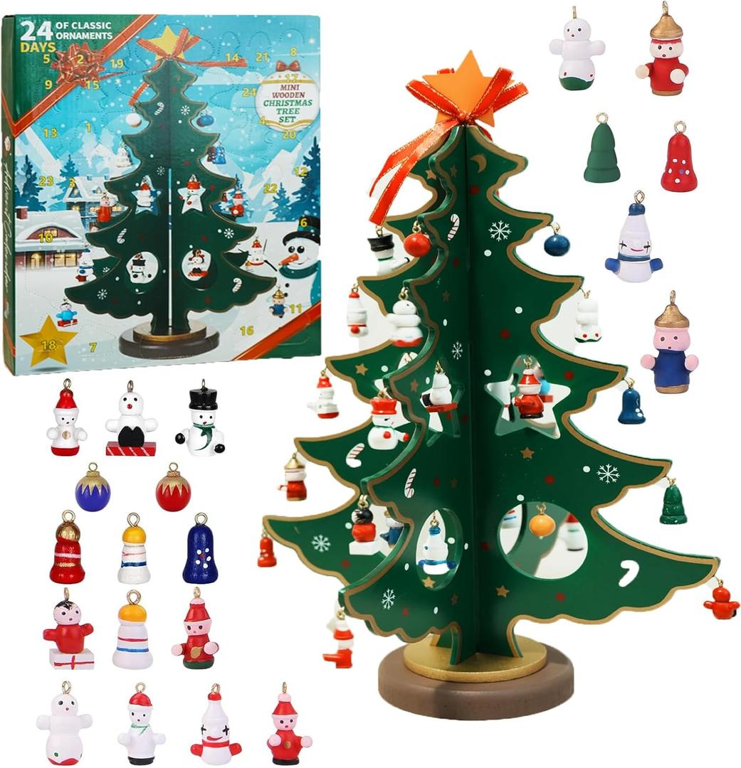 Christmas Countdown Advent Calendar,with a Tabletop Wooden Christmas Tree and 28 Ornaments Snowman Santa Decorations for Boys, Girls and Kids Party Favors, Classroom Prizes, Xmas Gift (Style 1)