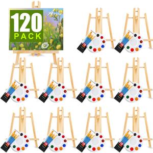 AROIC 120 PCS Painting Supplies Set with 10 PCS Wood Easels, 10 Packs of 100 Brushes with Nylon Brush Head and 10 PCS Palettes, Tabletop Wooden Art Easel for Kids & Adults Sip and Paint Party