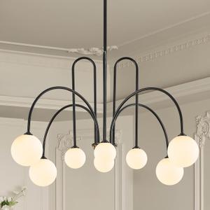 Modern Sputnik Chandelier 8 Lights Large Luxury L41” Mid Century Milk Glass Globe Ceiling Pendant Light Fixture Black Chandeliers for Foyer Staircase Living Dining Room Kitchen