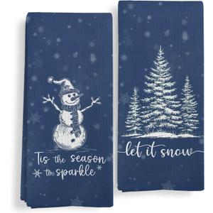 Qeheb Navy Blue Christmas Kitchen Towels, Winter Christmas Dish Tea Towels, Tis The Season Let It Snow Winter Holiday Snowman Tree Decorative Hand Towels for Bathroom Decor, 16X24In Set of 2