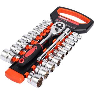 Egofine 21pcs 3/8 Inch Ratchet Socket Wrench Set, Drive Socket Set with 19 Sockets, 6-24mm sockets and 2 Way Quick Released Ratchet Handle and Extension Bar