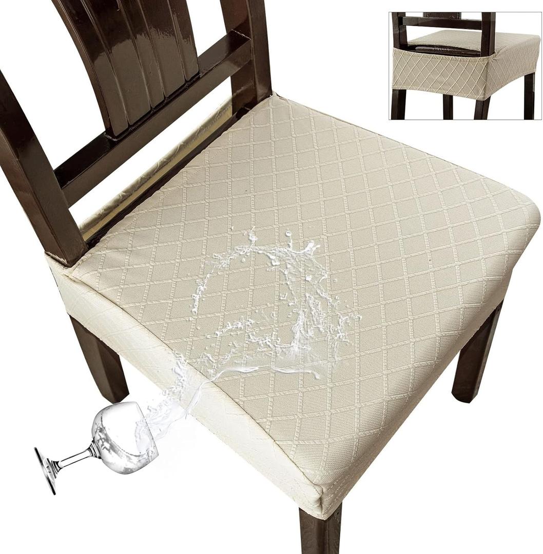 Genina Waterproof Seat Covers for Chairs,Set of 4 Dining Room Chair Seat Covers for Kitchen,Stretch Jacquard Removable Washable Dining Chair Slipcovers Protectors,No Rear Covers, Beige