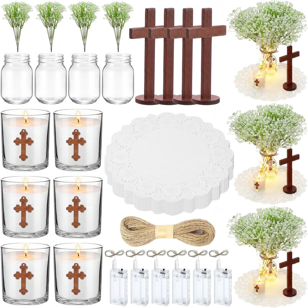 6 Sets Baptism Table Centerpiece Kit with Wood Cross, Mason Jar, Candles, Baby's Breath, Flax Rope, String Lights, Cross Cards and Accessories for Baptism First Communion Church Wedding