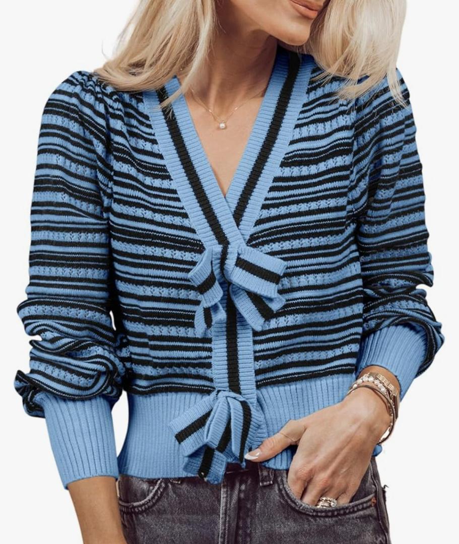Saodimallsu Womens Striped Cropped Sweaters V Neck Cute Bow Tie Puff Sleeve Loose Knit Trendy Pullover Sweater