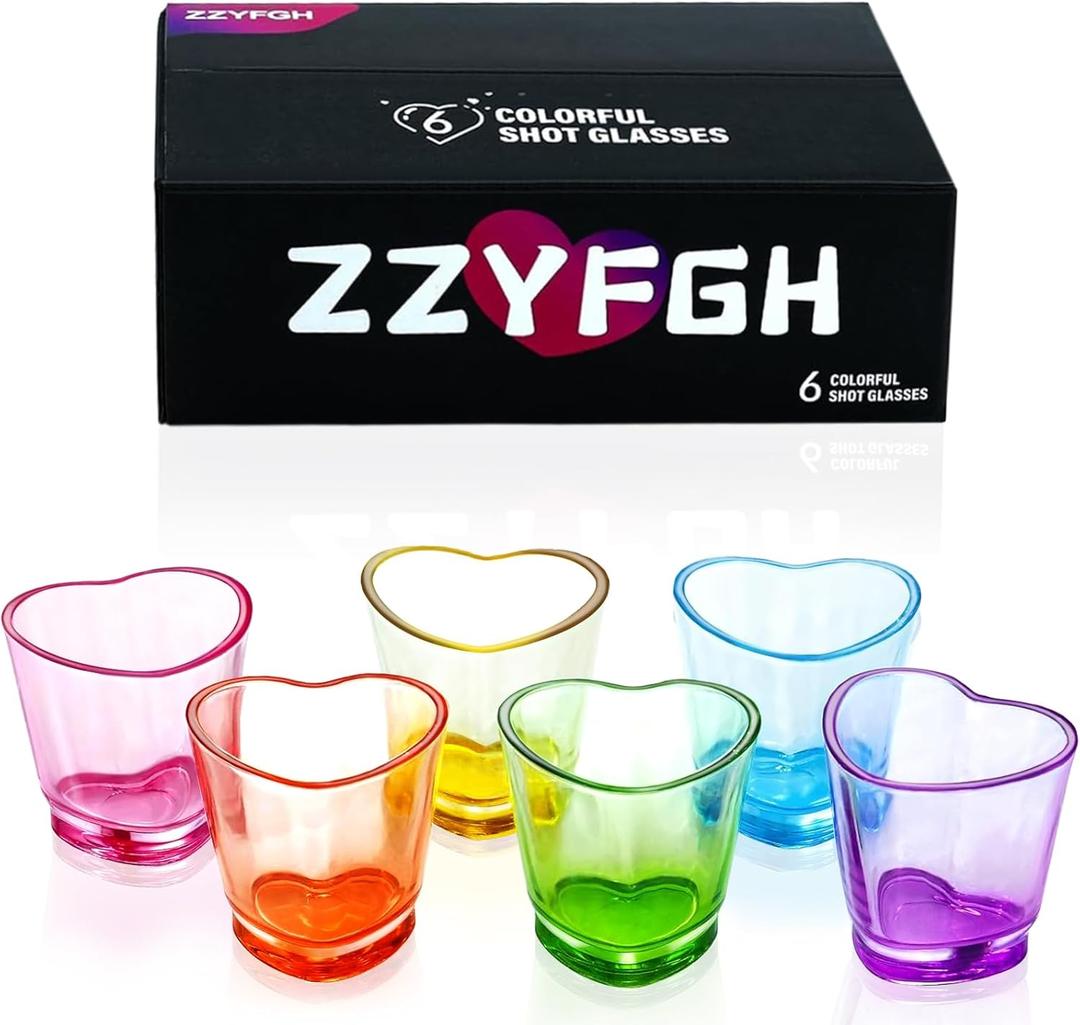 6 x ZZYFGH 6 Pack Colorful Shot Glasses, 1.5 oz Heavy Base Shot Glasses Set, Heart Shaped Shot Glasses Set, Tequila Cups Small Glass, Shot Glasses for Whiskey, Vodka, Spirits & Liquors, Mother's Day Decor