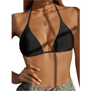 SOLY HUX Women's Halter Triangle Bikini Top Tie Back Bathing Suit Top Sexy Swimwear for Women Plain Black Large (Black, L)
