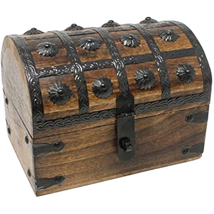 Nautical Cove Treasure Chest Keepsake and Decorative Wood Box (Large 8x6x6) - Storage Box, Wooden Box with Hinged Lid, Rustic Storage, Pirate Storage Box, Vintage Wooden Chest