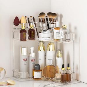 SUNZOS Bathroom Counter Organizer, 2-Tier Corner Bathroom Organizer Countertop with Makeup Brush Holder, Vanity Makeup Cosmetic Storage, Corner Storage for Kitchen, Dresser (Clear)