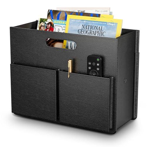ABC life Magazine Holder Stable Magazine Rack Floor, Foldable PU Leather Newspaper Book Storage Basket Box, Upgraded Magazine File Folder Organizer Free Standing, for Living Room Home Office, Black(13.8"L x 5.9"W x 10.6"H)