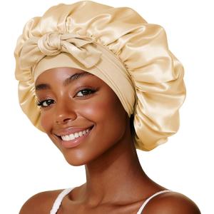 Silk Hair Bonnet with Strap for Sleeping, Double-Layer Satin Sleep Cap for Women, Soft Lining for Curly and Natural Hair (Gold-06)