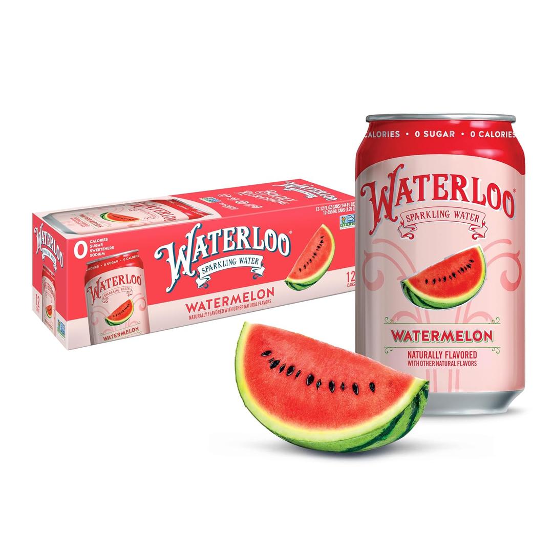 Waterloo Sparkling Water, Watermelon Naturally Flavored, 12 Fl Oz Cans (Pack of 12) Zero Calories and Zero Sugar or Sweeteners (EXP 10/15/26)