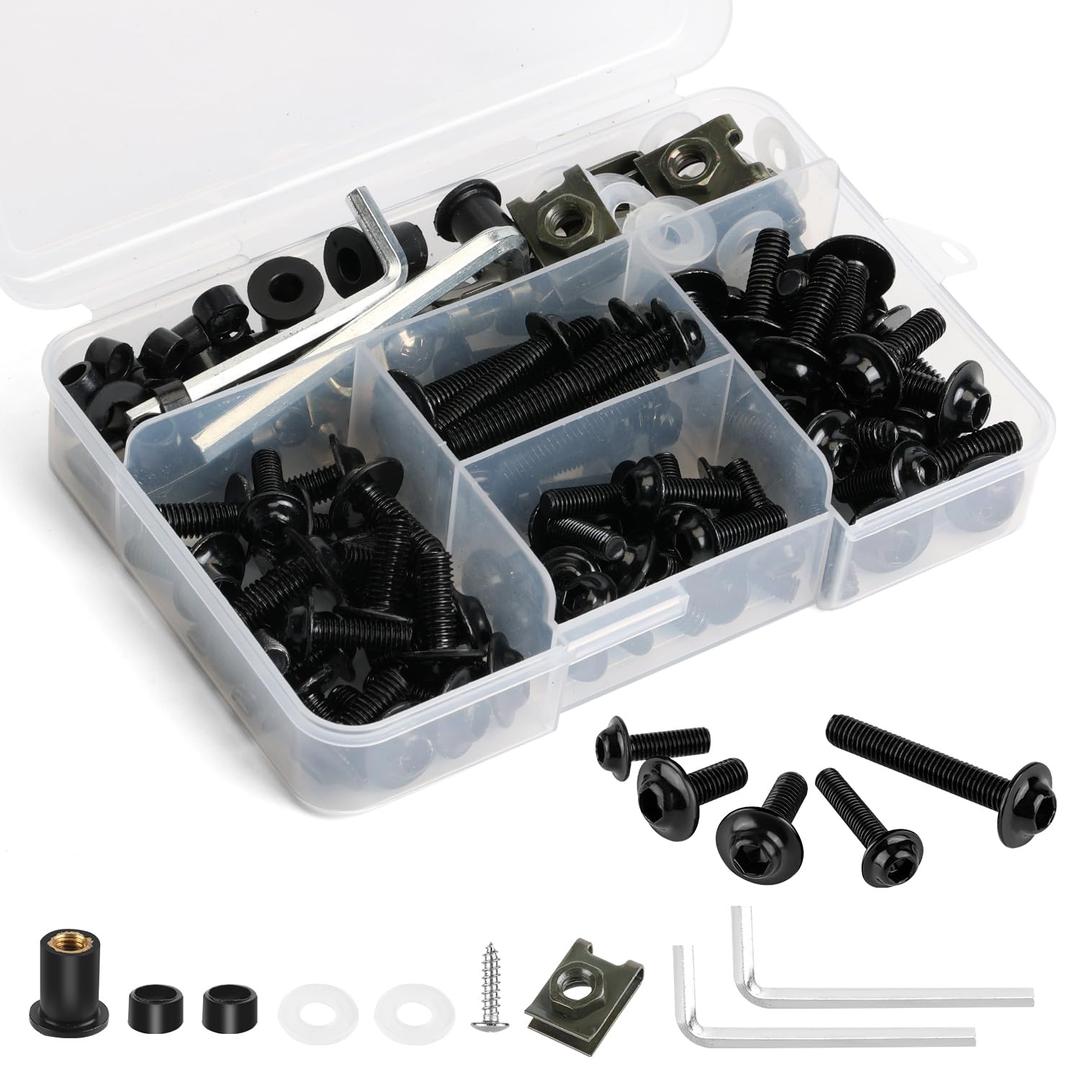 177Pcs Motorcycle Fairing Bolt Kit 304 Stainless Steel M5 M6 Windscreen Screws Fastener Clips Universal Fit for Motorcycle GSXR Honda Kawasaki BMW Ducati Suzuki Yamaha, Black