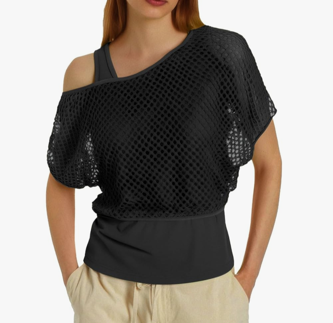 Generic Women 80s T Shirts Neon Fishnet Mesh Top Off Shoulder Tops for Women Polyester Running Shirts, Size M