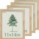 11x14 Picture Frame Set - 4 Pack, Natural Solid Wood, HD Tempered Glass, Elegant Wood Grain, Wall Gallery Photo Frame