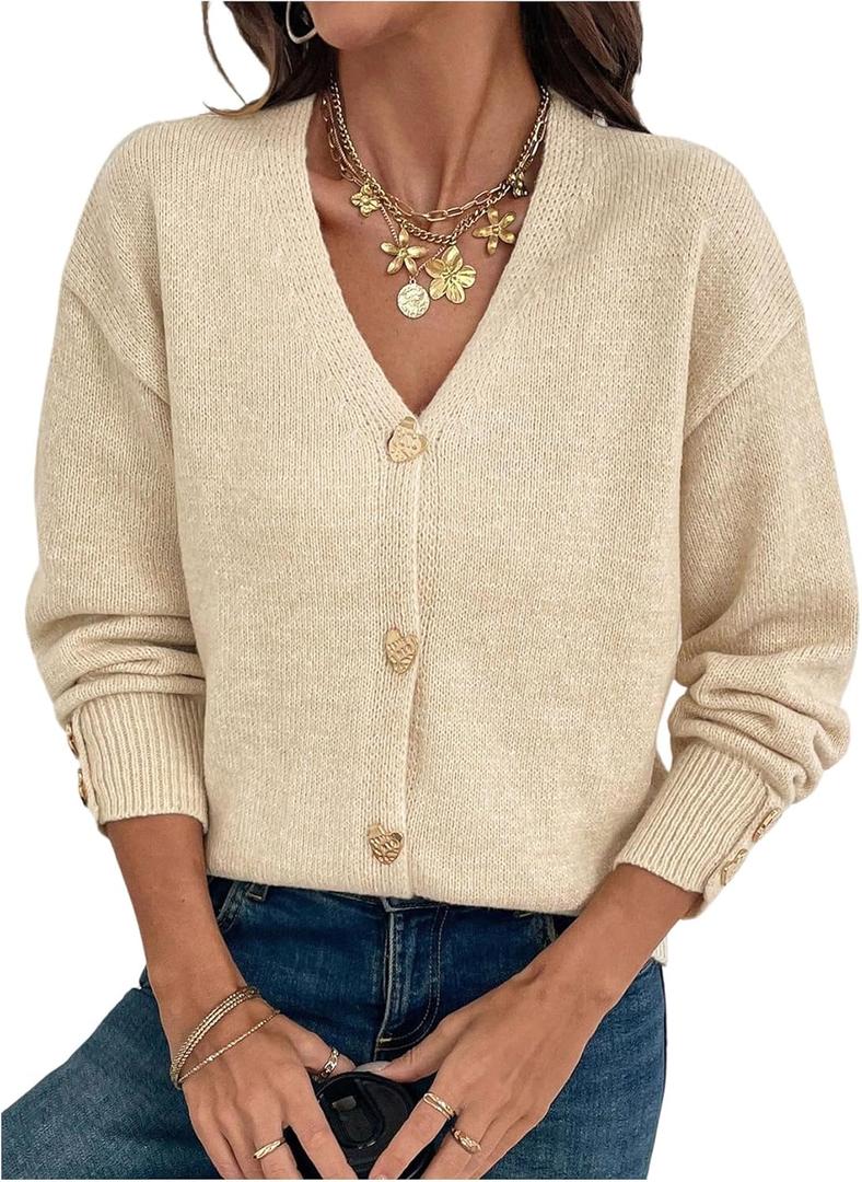 GORGLITTER Women's Button Down Cardigan Knit Sweaters Old Money Clothes Cozy Holiday V Neck Long Sleeve Cardigans Tops (L)