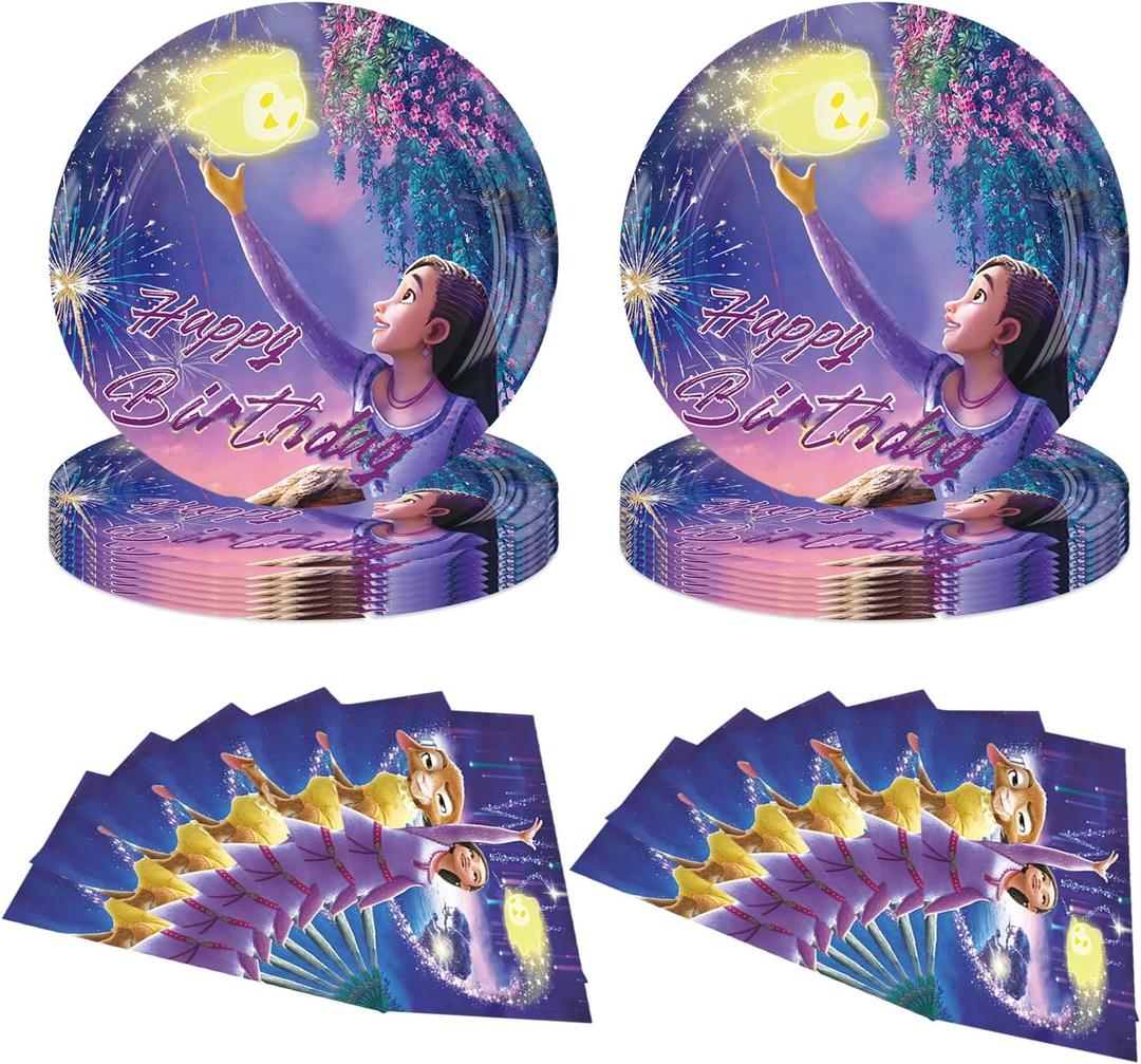 40pcs Dsney Wish Asha Birthday Party Supplies ,Wish Asha themed birthdays decorationsinclude 40pcs Disposable Napkins Paper Platesfor kids Birthday Party Supplies