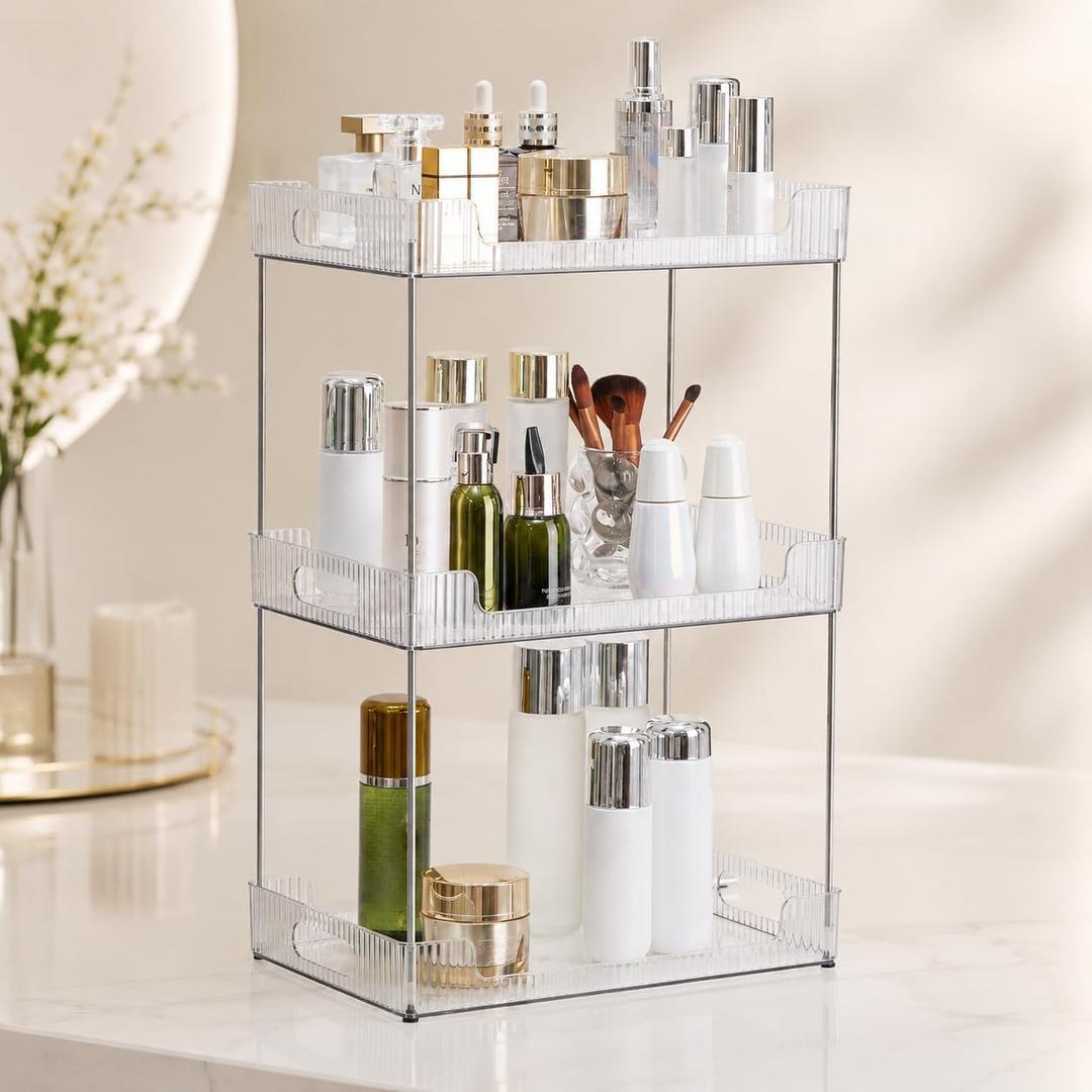 Goderewild 3 Tier Bathroom Counter Organizer, Multi-Purpose Cosmetics Skincare Shelf, Fits A4 Size Makeup Organizer for Office and Vanity Tray, Countertop Storage Solution for Kitchen, Bath.(Clear)