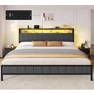 DWVO King Size Bed Frame with Storage Headboard, LED Upholstered Platform Bed with Charging Station, Heavy-Duty Metal Slats, No Box Spring Needed, Easy Assembly