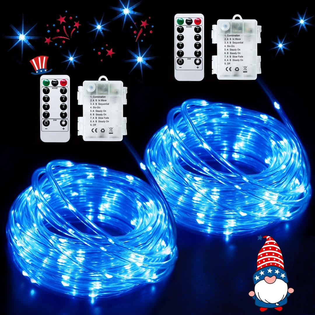JMEXSUSS 2 Pack Battery Operated Rope Lights Outdoor Waterproof, Total 200LED 66ft 8 Mode/Remote Battery Christmas String Lights, Blue Pool Light for Trampoline Camping Balcony Garden Pool Decor