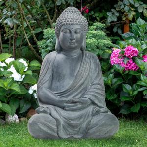 TOETOL Outdoor Buddha Large Statue Meditative Asian Zen Indoor 20 High Medium Yard Decor Magnesium Oxide Stone for Yard Garden Patio Deck Home, Dark Grey