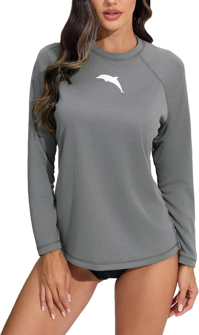 Halcurt Women's Long Sleeve Rash Guard Swim Shirt with Built in Bra Lightweight UPF50+ Quick Dry Swimsuit Top (Gray, M)