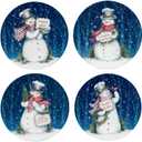 Snowman Greetings Set of 4 Ceramic Dinner Plates  Capture winters wonder with cheerful snowmen, festive scarves, and snowy blue backdrops perfect for Christmas meals 11"