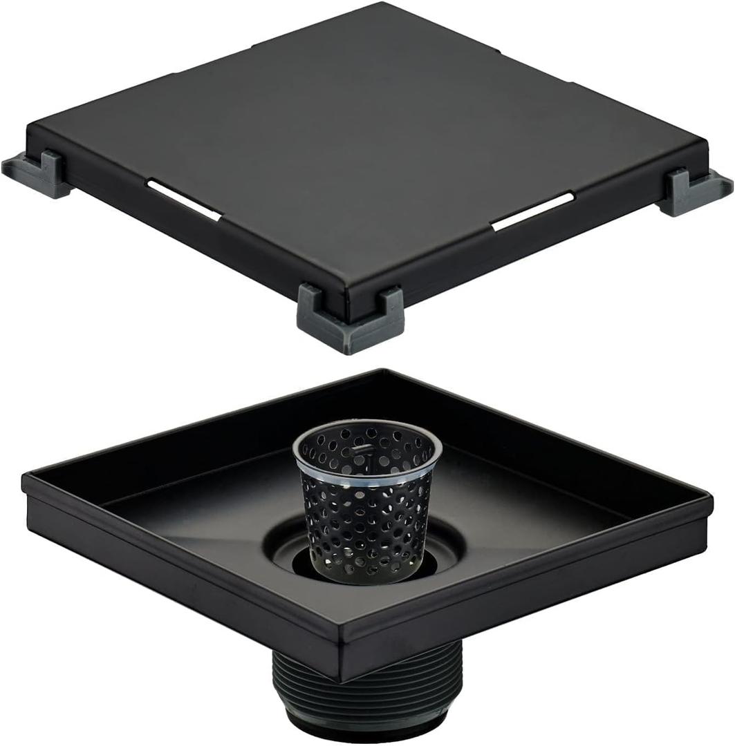 Matte Black Square Shower Drain, HIDROP SUS 304 Stainless Steel 6 inch Bathroom Shower Drain with Removable Tile Insert and Hair Strainer