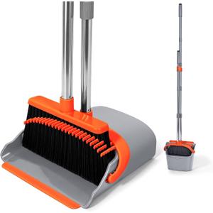 YZO Broom with Dustpan Combo Set, 56.1-Inch Long Handle Standing Design, Dustpan Front Rubber Tight Seal, Broom with 5-Layer Bristles, Suitable for Indoor Outdoor(Gray&Orange)