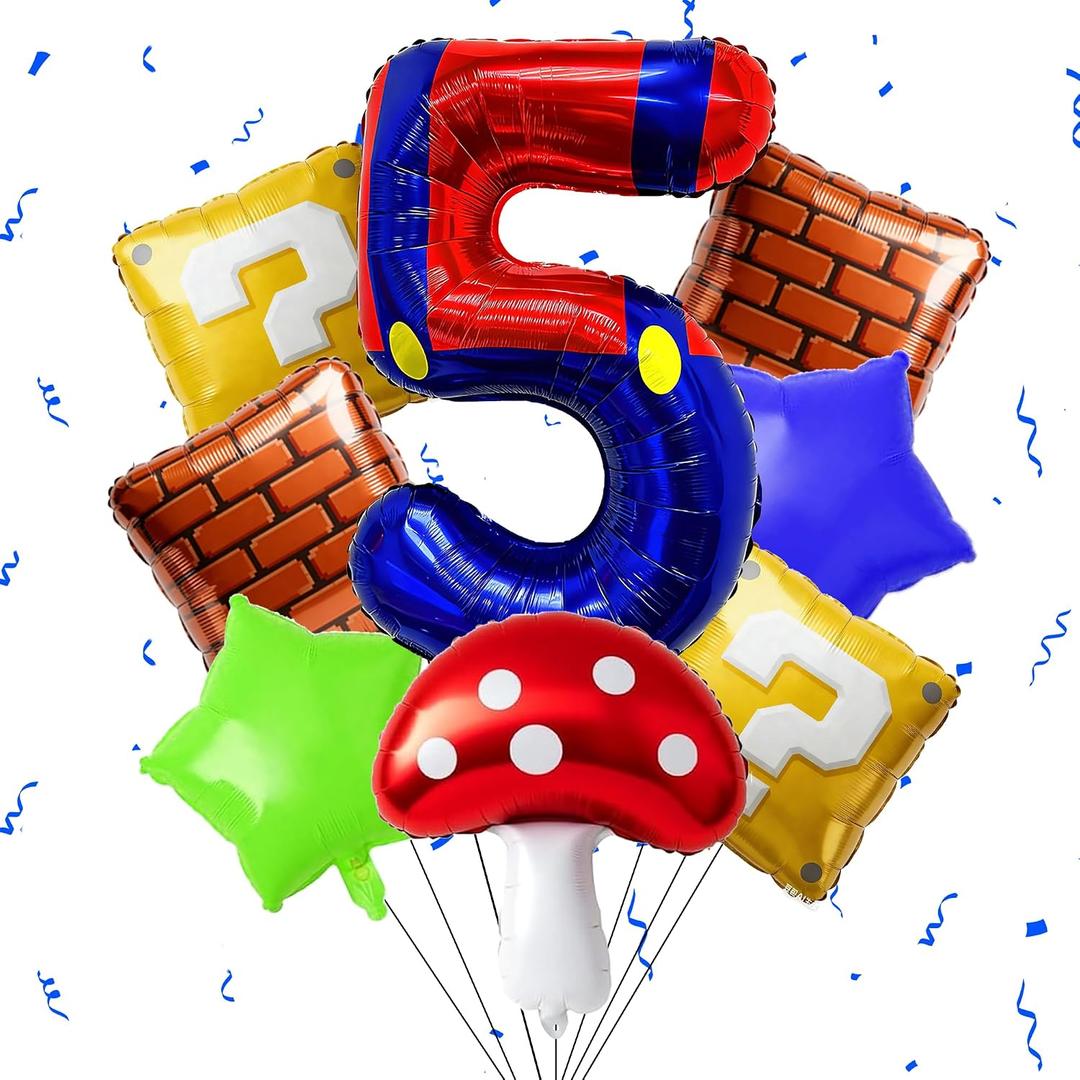 Blue Red Number Balloon Set Birthday Decor, Include 40 Inch Blue Red Number 5 Balloon, Mushroom Foil Balloon, Square and Star Foil Balloons for Birthday Decoration Supplies (Number 5)
