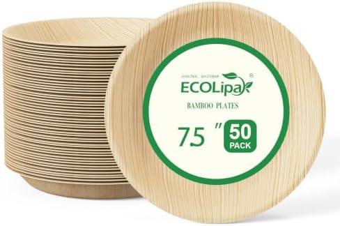 ECOLipak 7.5 Inch Disposable Compostable Plate Like Bamboo Plate, 50 Pack | Disposable Biodegradable, Round Plates Suitable for Party, Dinner