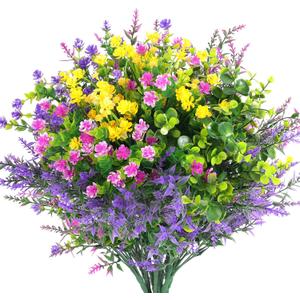 Hananona 12 Pcs Artificial Flowers Outdoor, Faux Artificial Plants UV Resistant Plastic Flower Bulk for Hanging Planter Porch Window Home Wedding Fall Summer Decor (12, Fuchsia, Purple, Yellow, Green)