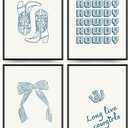PLKMN Coastal Cowgirl Wall Art Prints Set of 4, Navy Blue Bow Coquette Trendy Preppy Room Decor, 8x10 Unframed