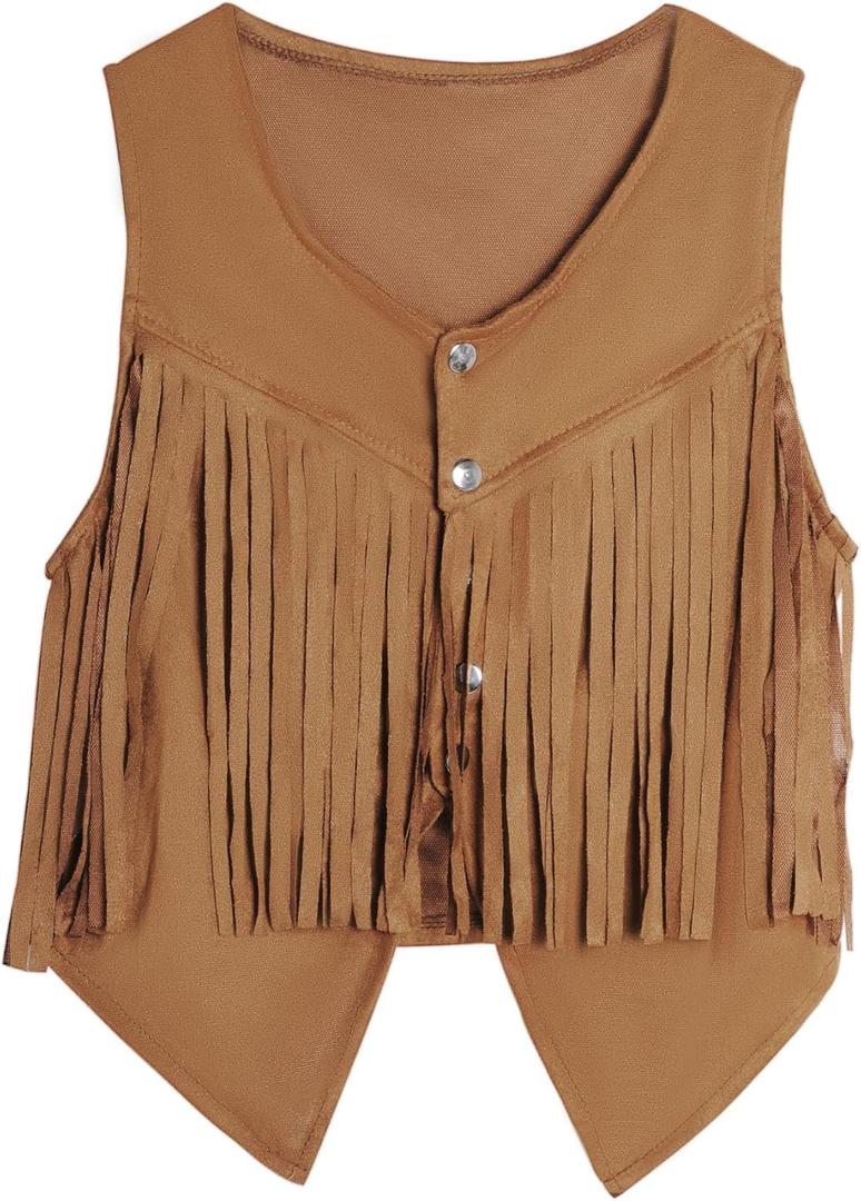 Women Tassel Vest 70s Hippie Sleeveless Faux Suede Rivets Fringe Vest Waistcoat Jacket Cowgirl Outfits (Medium, Brown)