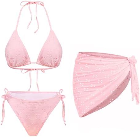 Women 3 Piece Swimsuits - Halter Triangle Bikini Sets with Cover Up Sexy String Tie Side Bathing Suits, L
