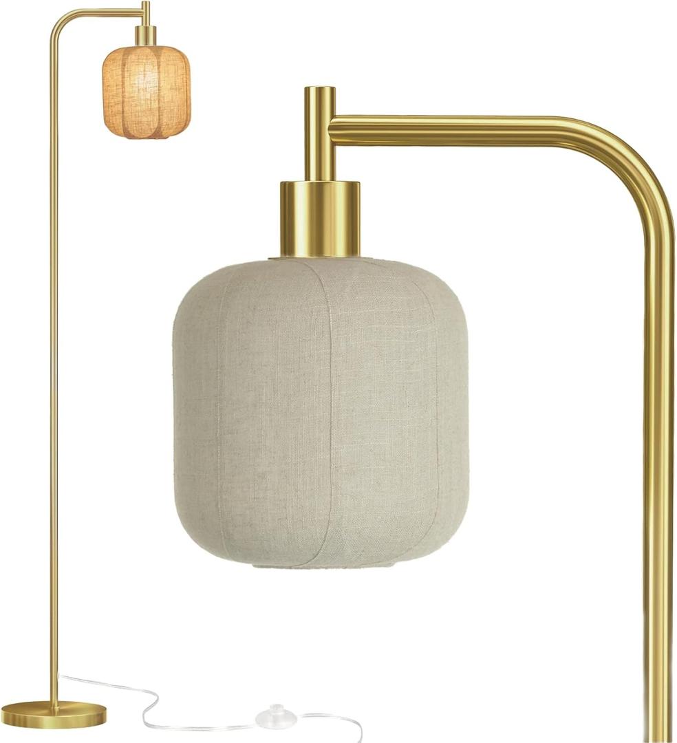 67" Gold Boho Floor Lamp with Rope Woven Shade, Mid Century Modern Tall Standing Lamp for Living Room Bedroom, Over The Couch Reading Light with Foot Pedal, Bulb Included