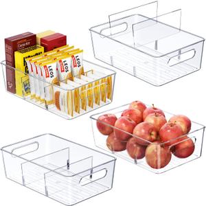4 Pack Clear Pantry Organizers and Storage Bins with Divider, Transparent Plastic Basket, Refrigerator and Fridge Bins
